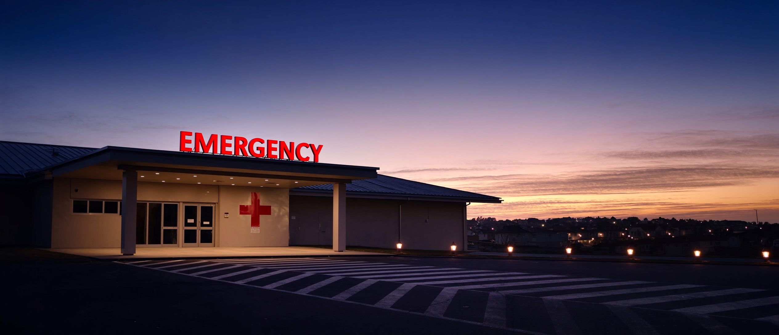 Illustrative emergency department entrance at dawn